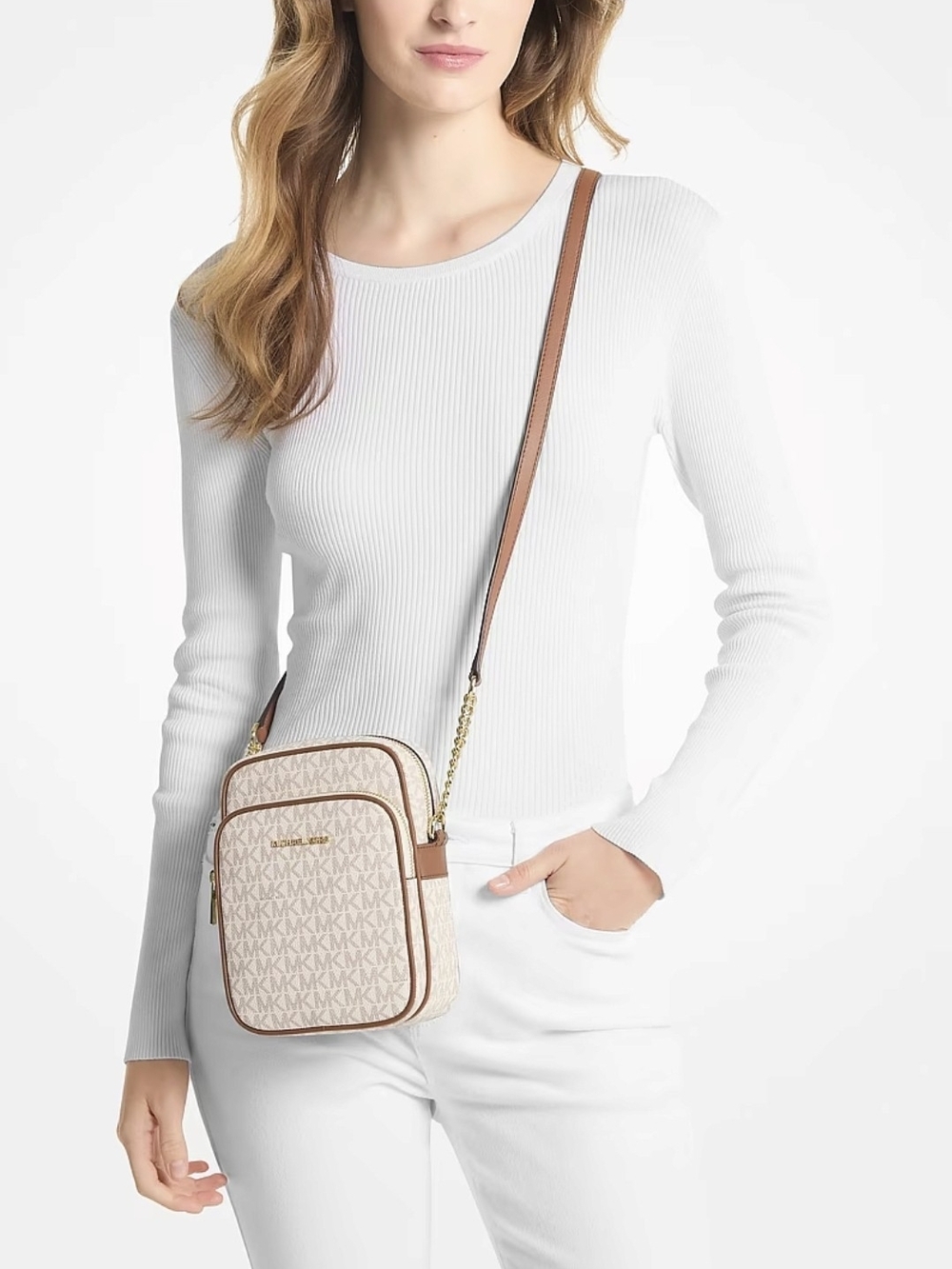 Michael Kors Beige Logo Crossbody with Chestnut Trim